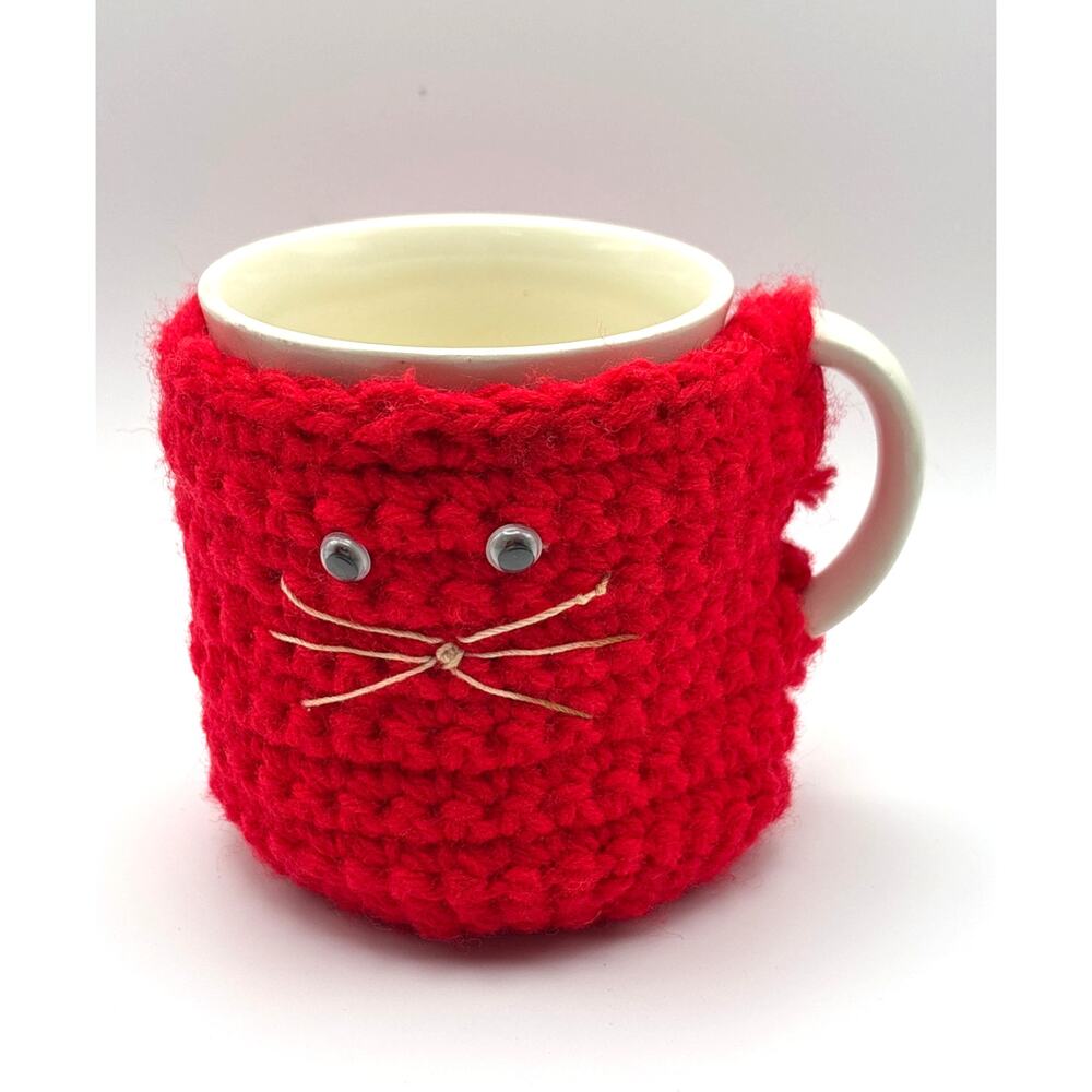 Vintage Coffee Mug Cozy Red Kitty Cat Feline Hand Crocheted With Vintage Mug